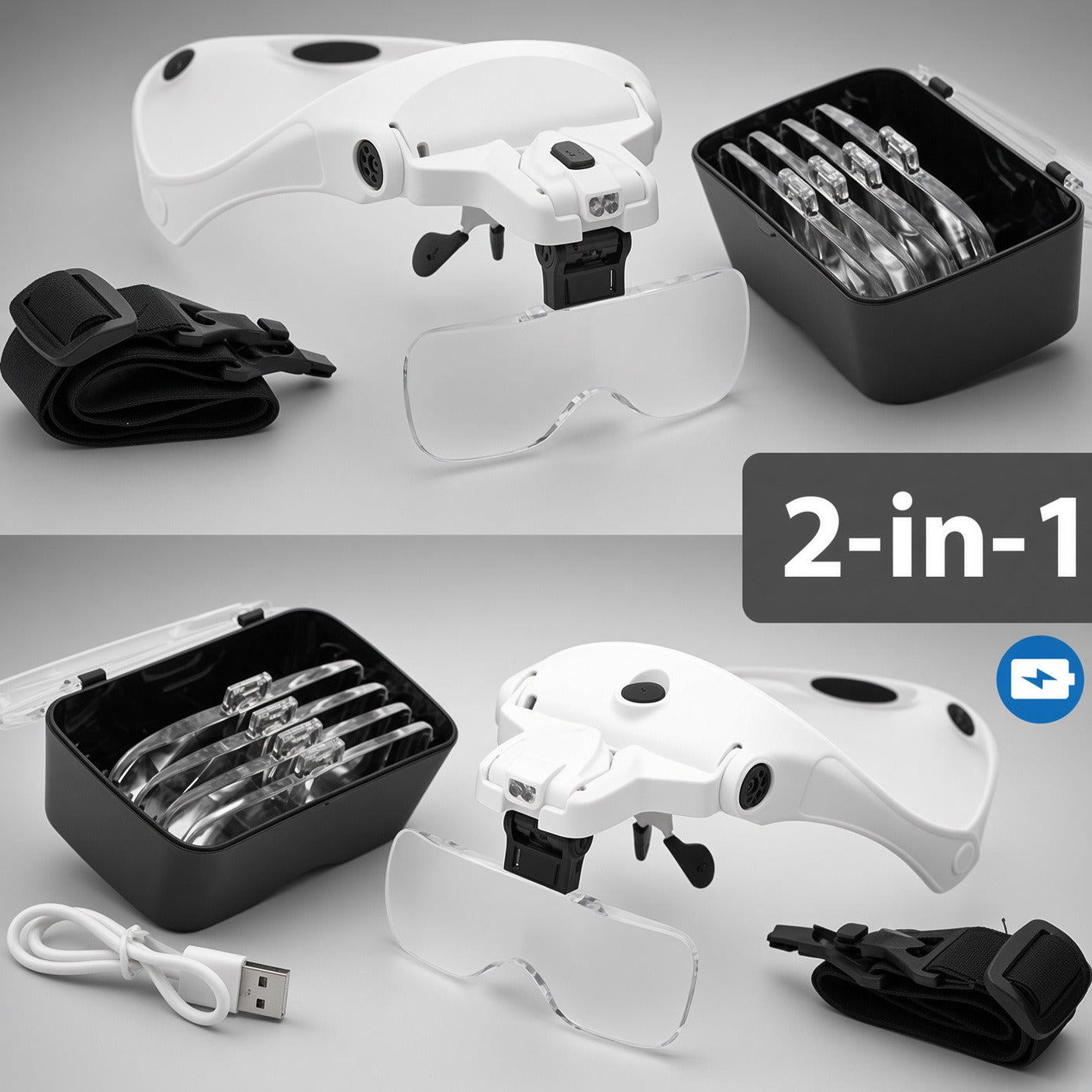 VisionAid 2-in-1 combo set: battery powered and USB rechargeable headband magnifiers, each with 5 lenses and storage case