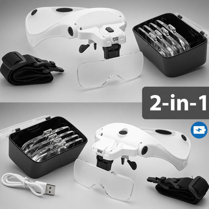 VisionAid 2-in-1 combo set: battery powered and USB rechargeable headband magnifiers, each with 5 lenses and storage case